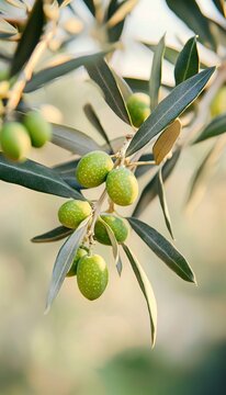 Lush green olive branch with abundant ripe olives ready for harvest in sunlit Mediterranean orchard.
