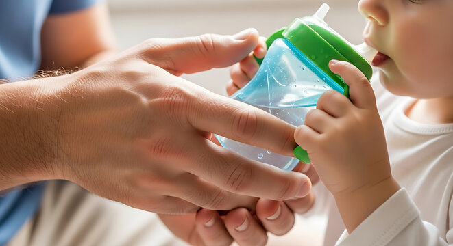 Mother feeding baby with colorful sippy cup in bright natural light