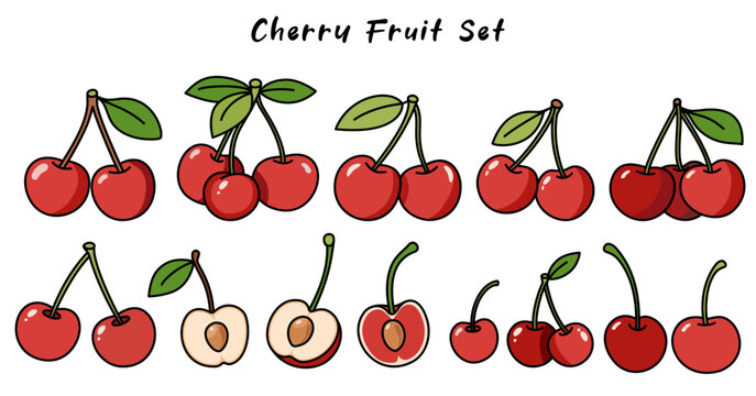 Delight in this cherry fruit set showcasing vibrant cherries in various stages, from whole to halved, capturing essence of freshness and sweetness
