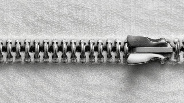 Metal zipper closure detail on white fabric, showing the teeth and puller mechanism, representing connection, security, and fastening concepts