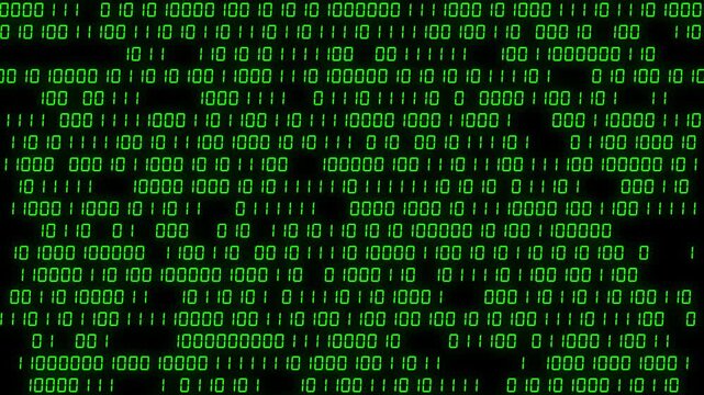 Fast changing green binary digits on dark screen, glowing cyber data background animation.