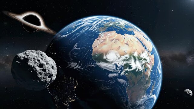 Earth and asteroid in space