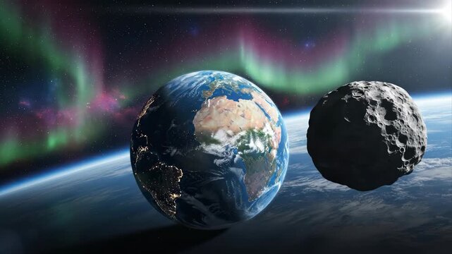 Earth and asteroid in space