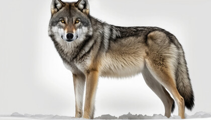 Obraz premium Majestic wolf standing on snow with a captivating gaze in a serene winter landscape