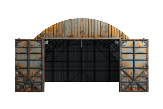 Abandoned quonset hut metal hangar with open rusty corrugated steel doors on transparent background