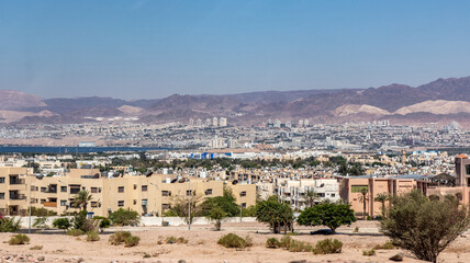 Obraz premium Aerial view of Aqaba, Jordan. Eilat, Izrael, in the background