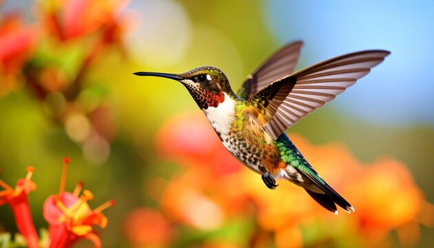 Exquisite Calliope Hummingbird Hovering with Glistening Iridescent Plumage