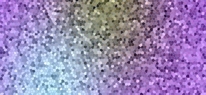 Mosaic pattern with small hexagonal tiles in shades of purple, blue, and gold, creating a gradient effect with a central yellow spot.