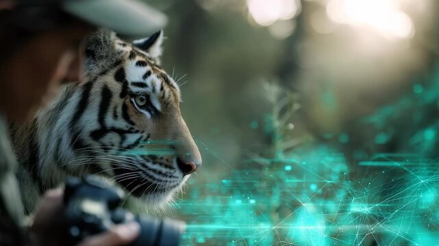 A close up of a tiger and a photographer in a vibrant forest, enhanced with glowing digital elements. The image blends wildlife photography with innovative technology for a unique visual impact