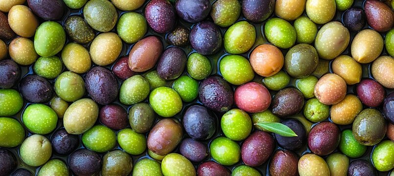 A Beautiful Display of Vibrant Green, Kalamata, and Black Olives in Brine, Captured in Close-Up