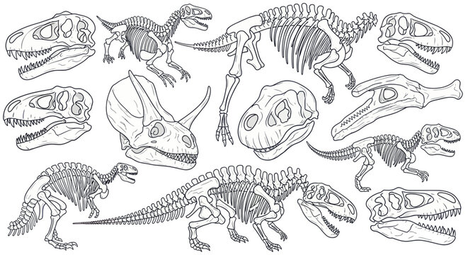Dinosaur Skeletons and Skulls Collection - Prehistoric Animal Line Art