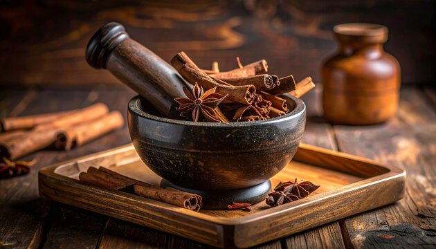 Rustic still life of cinnamon sticks and star anise in a dark mortar with a wooden pestle on a wooden tray.