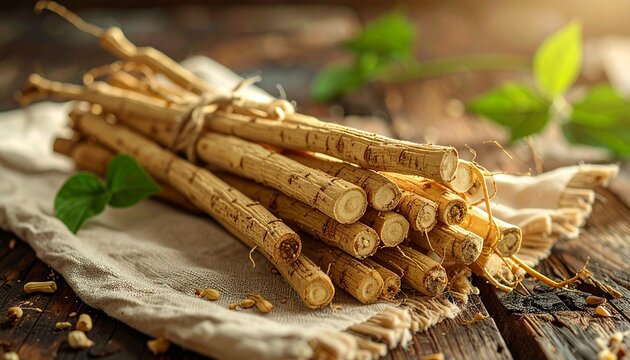 Freshly harvested burdock roots bundled on a rustic wooden table with green leaves in the background, ready for culinary or medicinal use.