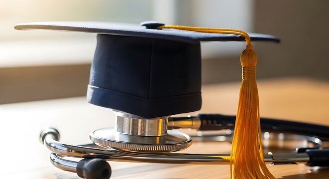 Graduation ceremony with stethoscope and medical degree cap on table