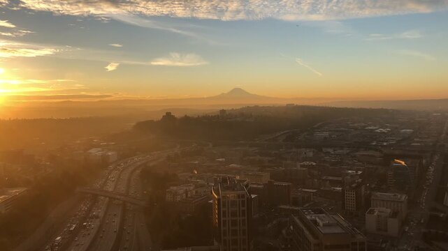 The Seattle morning commute on interstate 5 with a view of Mount Rainier