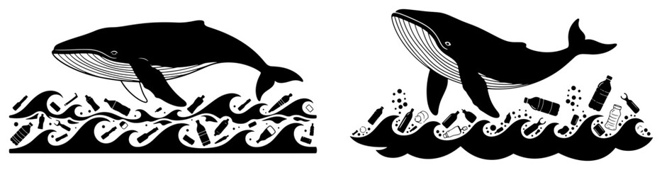 Fototapeta premium Whale in ocean filled with plastic waste and bottles for environmental pollution awareness and ecology design