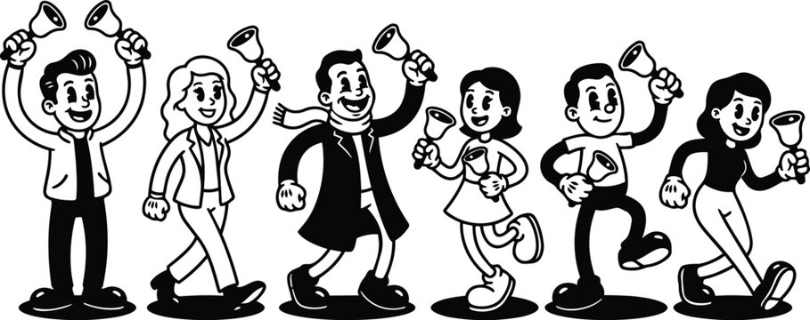 Retro line art group of six people ringing handbells while marching in black and white