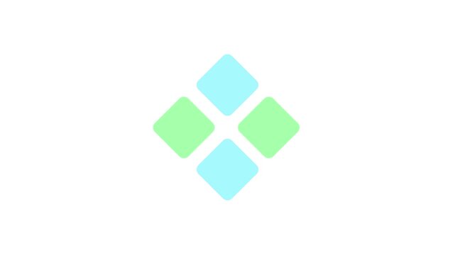 Modern loading animation with four rotating rounded squares in pastel blue and green colors.