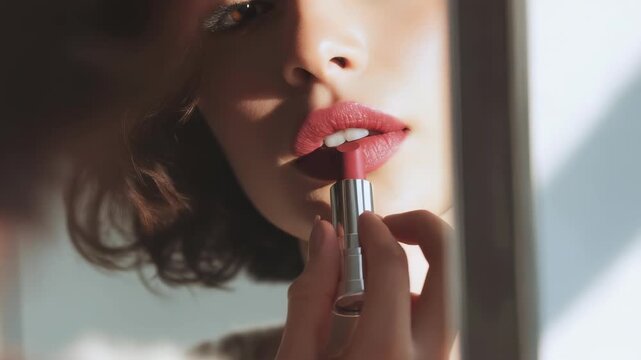 A young woman gently applies pink lipstick while looking in the mirror, highlighting smooth lips and flawless skin. The scene radiates femininity, confidence, and contemporary beauty trends