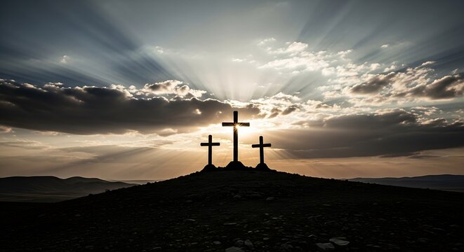 Three crosses on a hill at sunset with dramatic light rays shining through clouds, symbolizing faith and hope