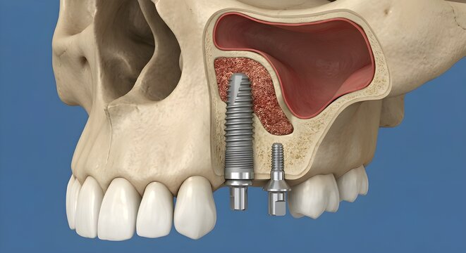 上顎洞挙上（サイナスリフト）と歯科インプラントの解剖断面図 教育用