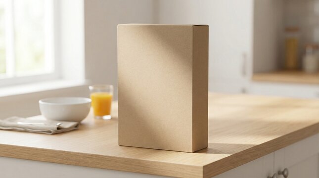 Blank cereal box mockup on wooden kitchen counter with breakfast and orange juice in morning sunlight