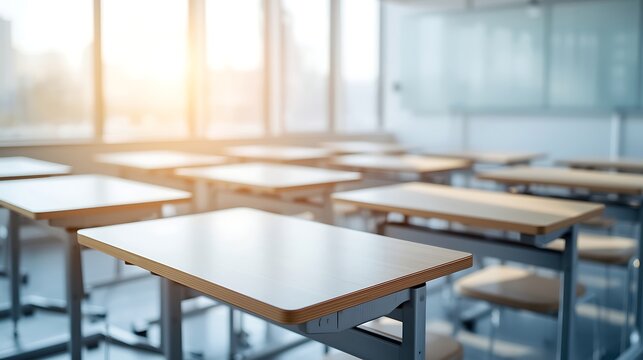 Generative AI Depiction of Modern Classroom with Empty Desks Bright Lighting Educational