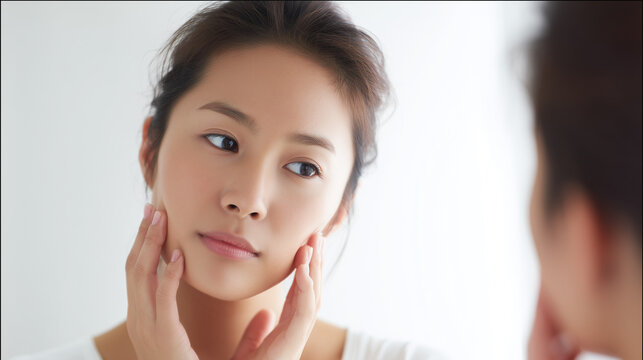 Woman checking skin in mirror with gentle touch. Skincare and beauty concept with clean face, natural look, and soft light in minimal setting.