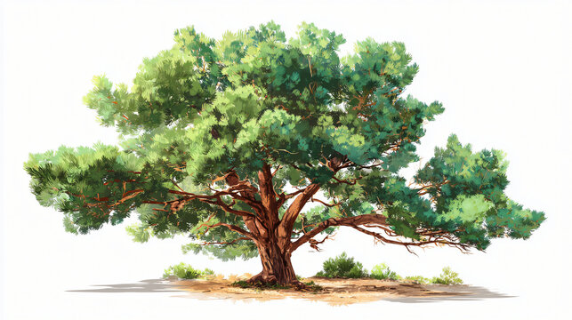 Mature pine tree with sprawling branches on white background