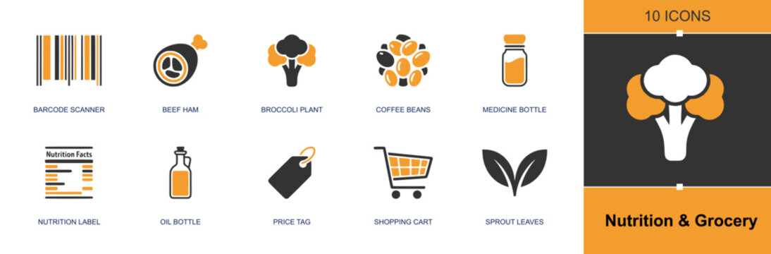 Nutrition and grocery icon set. Containing barcode scanner, ham, broccoli, coffee beans, bottle, nutrition label, oil bottle, price tag, shopping cart and more. Solid fill vector icons.