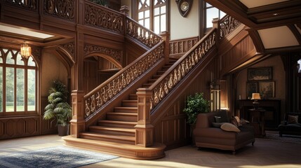 Fototapeta premium Grand Mansion's Ornate Wooden Staircase