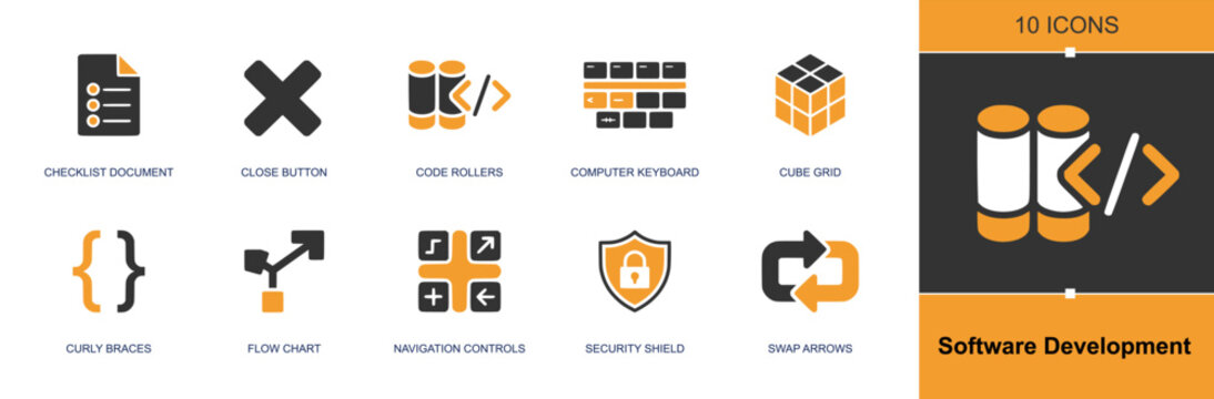Software development icon set. Containing checklist, close button, coding, keyboard, cube grid, curly braces, flow chart, security shield, swap arrows and more. Solid fill vector icons.