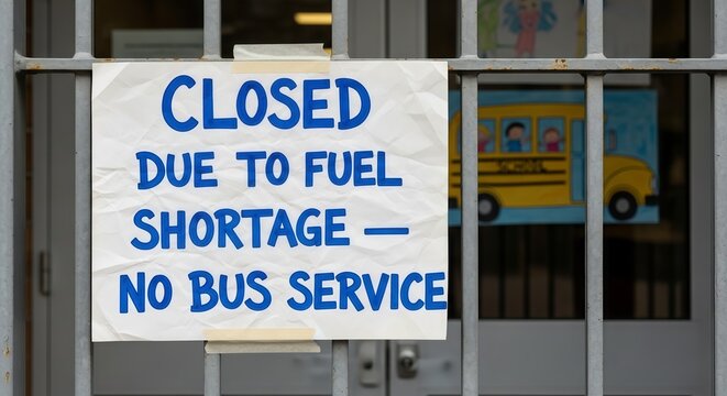 Handwritten notice on school gate announcing closure due to fuel shortage and no bus service. Concept of energy crisis, transportation disruption, and economic impact on public education.