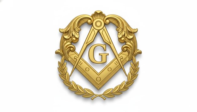 Golden masonic square and compasses symbol on white