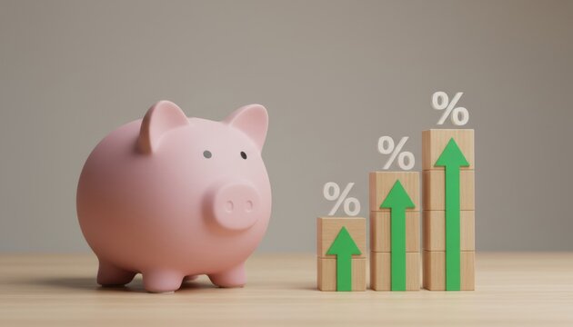 Piggy bank and increasing interest rates concept