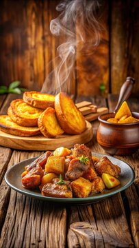 A photo of a crispy Haitian griot with fried plantains and pikliz on a plate, surrounded by goldenbrown bread and steaming hot liquid, set against a