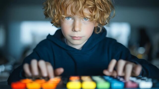 A young boy with curly red hair uses a digital music controller, his hands pressing illuminated buttons. The image captures concentration, innovation, and youthful curiosity in a tech environment