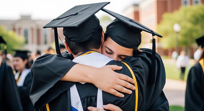 Two graduates hug and celebrate their achievement outdoors on graduation day