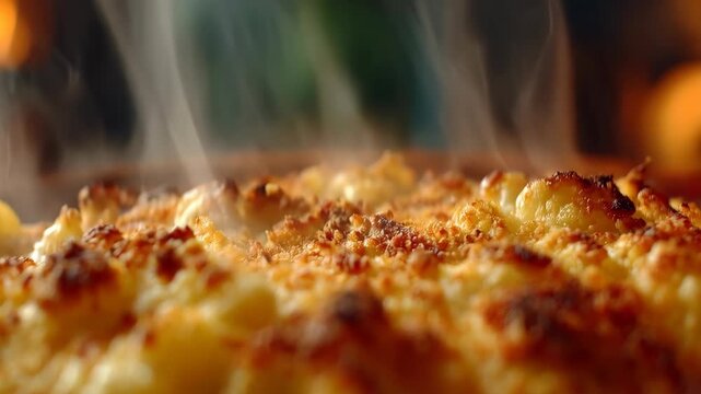 Close up of steaming hot baked macaroni and cheese with golden crust