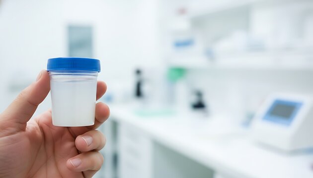 Hand holding a container with a sperm sample in a laboratory