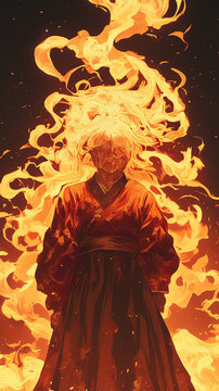 Japanese Ghostly Old Woman in Kimono Transforming into Supernatural Fire Ball - Yokai Horror Illustration