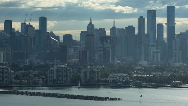 Melbourne, Australia cityscape drone and port phillip bay