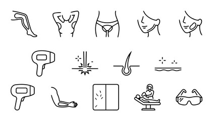 Obraz premium IPL and Laser Hair Removal Line Icons Set – Beauty Treatment, Body Zones, Smooth Skin and Cosmetic Device Symbols