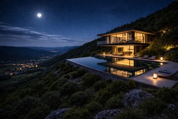 Obraz premium Luxury Modern Glass Villa with Infinity Pool on Mountainside at Night