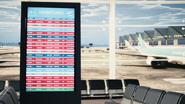 Empty airport terminal scene with flight cancellation and delay alerts, chaos with postponed traveling on board screen. Stranded passengers and missed connections, travel plans ruined by crisis.