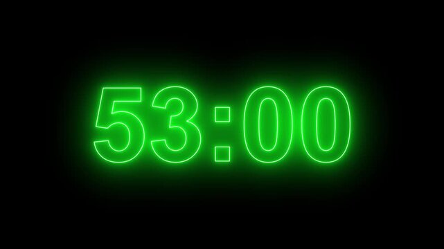 58 minutes digital countdown animation displays a timer counting down minutes and seconds. Perfect for presentation pauses. HUD user interface with technology stopwatch digital countdown.