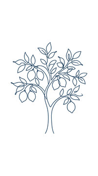 Minimalist continuous line drawing of a lemon tree with fruits for modern interior decor and organic citrus product branding