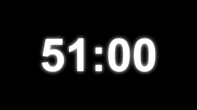 56 minutes digital countdown animation displays a timer counting down minutes and seconds. Perfect for presentation pauses. HUD user interface with technology stopwatch digital countdown.