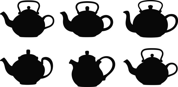 Teapot silhouettes collection, kitchen kettle set, tea brewing accessories illustration, isolated vector teapots, classic and modern designs, household cookware bundle