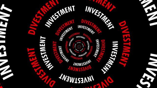 Infinite tunnel of Divestment and Investment words looping on a black background